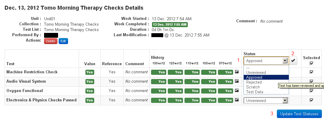Updating test statuses
