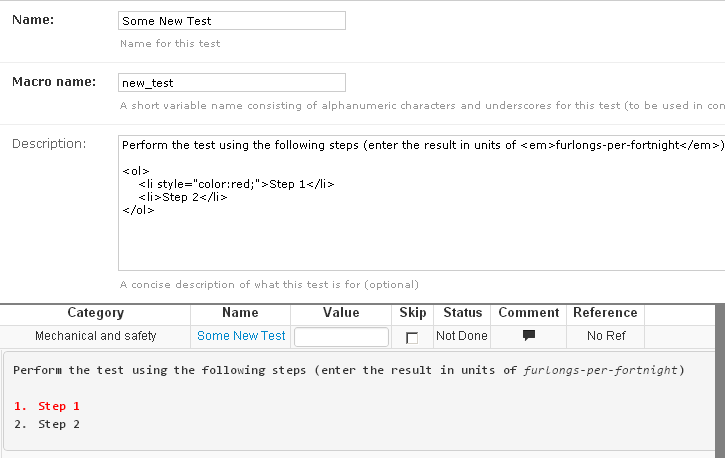 Test Description in HTML