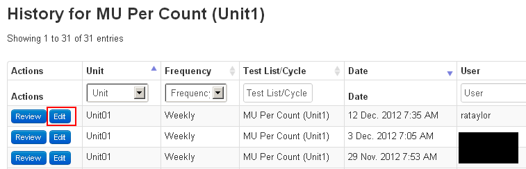 Test list history page